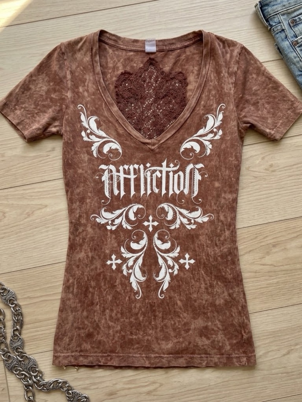 Vintage Affliction Y2K Lace Back Rhinestone Top XS
